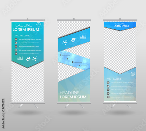 Roll Up Banner template and info graphics stand design, advertisement, display, business flyer, polygon background. vector illustration.