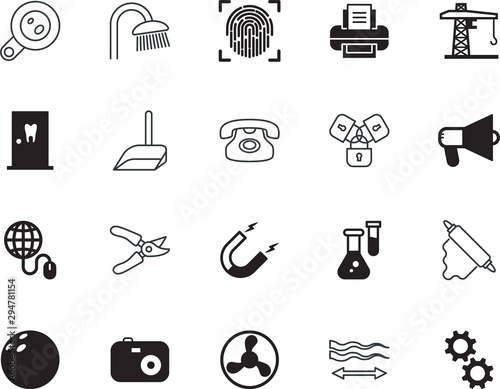equipment vector icon set such as: ventilation, loudspeaker, dough, around, scan, rotor, comb, architecture, domestic, dirty, barber, authentication, job, test, attract, hook, support, broom, bowl