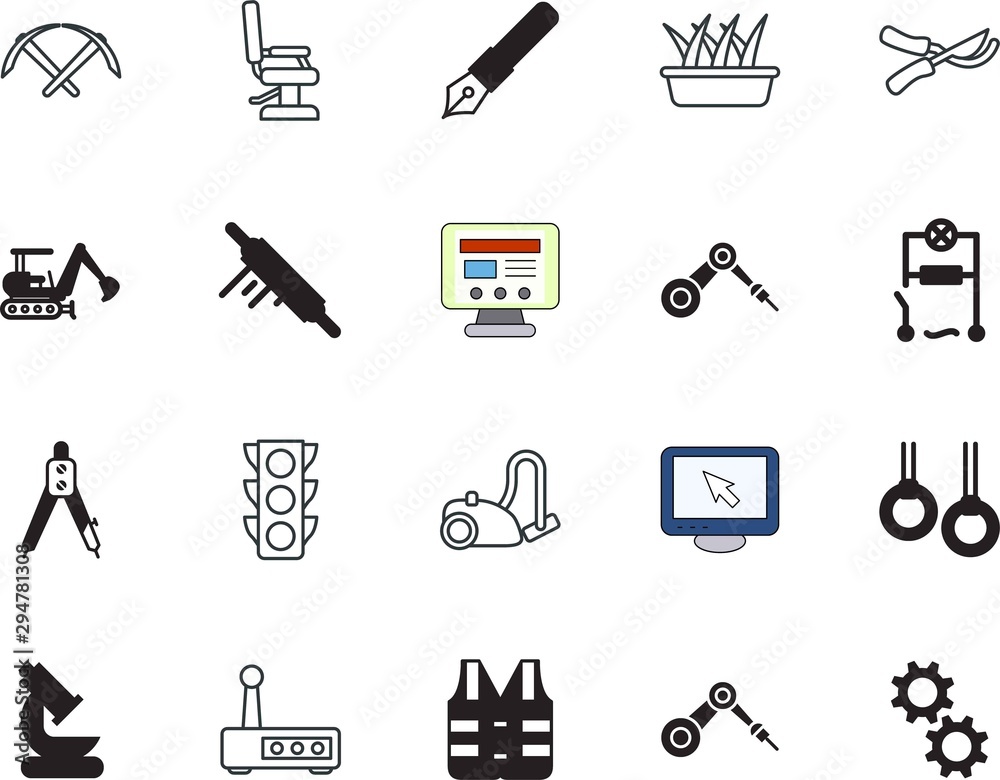 Obraz premium equipment vector icon set such as: secateurs, lab, meter, cutter, flower, test, fitness, barbershop, gears, cut, young, highway, drill, decoration, scissors, blade, coal, lens, floor, divider