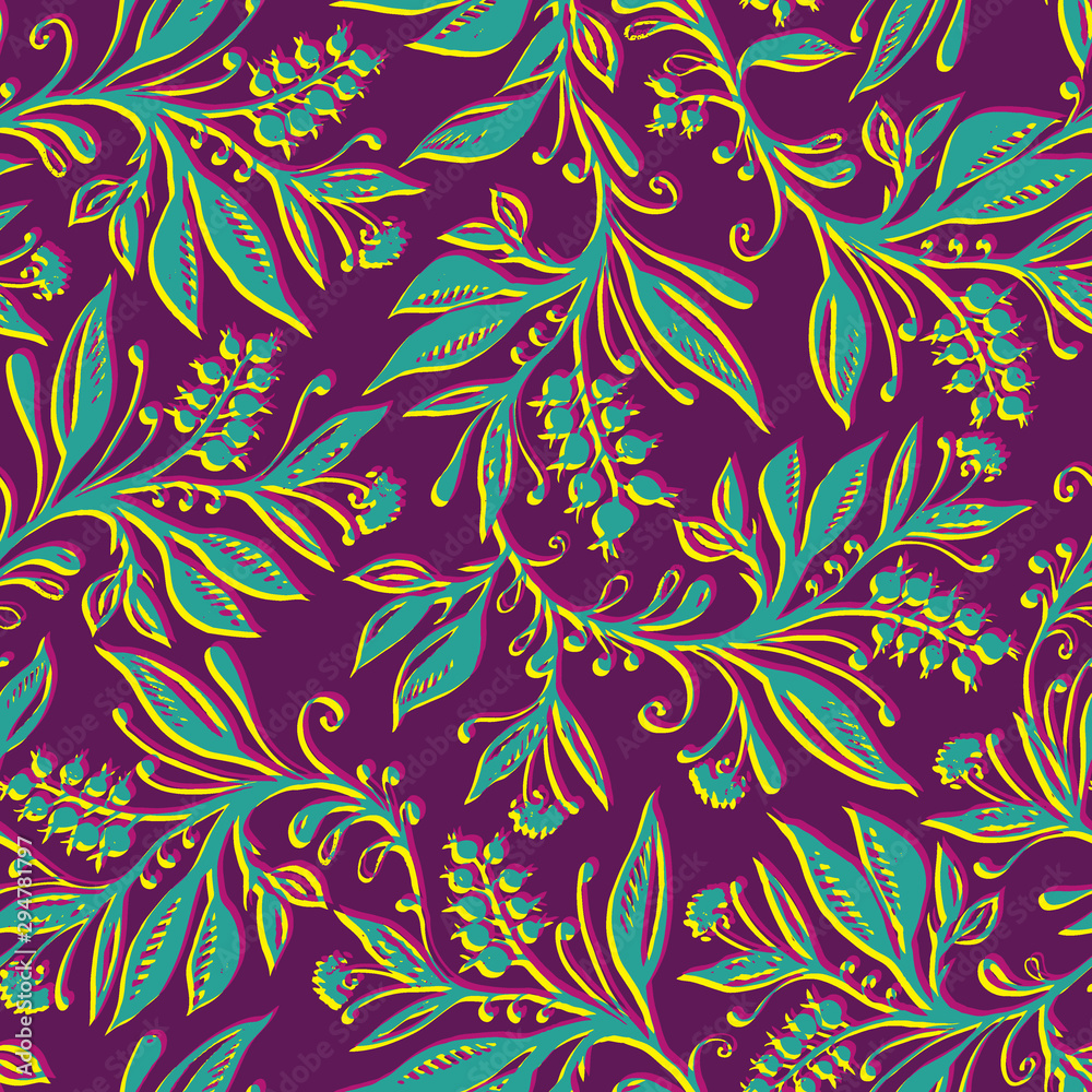 Floral seamless pattern with leaves and berries. Hand drawn and digitized. Background for title, image for blog, decoration. Design for wallpapers, textiles, fabrics. Floral seamless pattern with leaves and berries. Hand drawn and digitized. Background for title, image for blog, decoration. Design for wallpapers, textiles, fabrics.