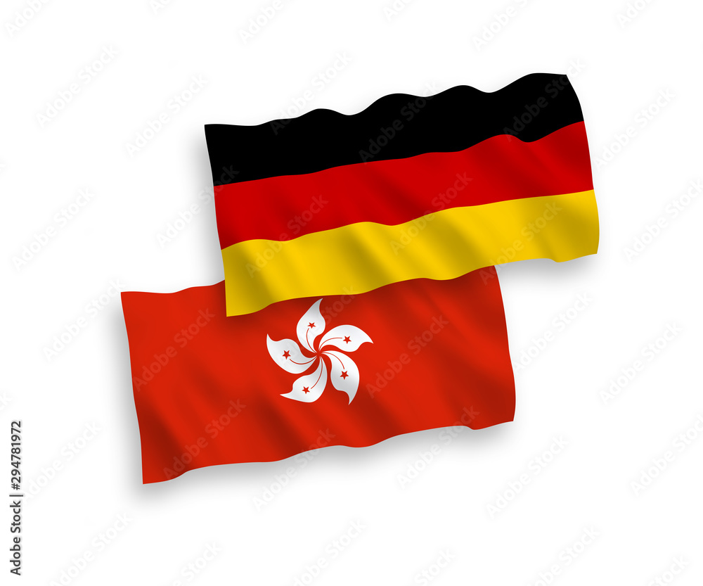 National vector fabric wave flags of Germany and Hong Kong isolated on white background. 1 to 2 proportion.