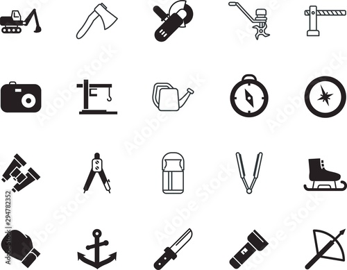 equipment vector icon set such as: ancient, hairdressing, lawn, growth, pure, motor, watering, secure, liquid, pot, ocean, mechanical, agriculture, projectile, link, cutting, danger, axe, camera