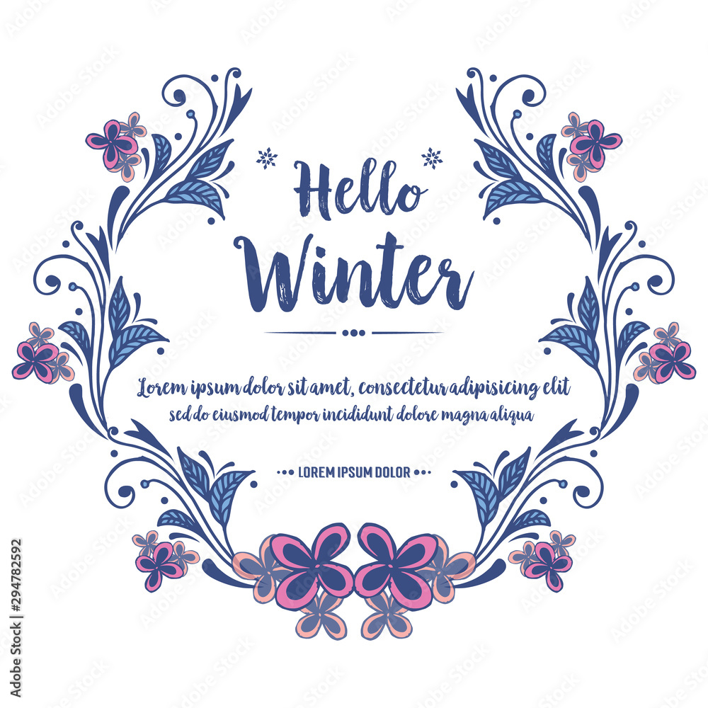 Vintage card hello winter with ornate of abstract pink wreath frame. Vector