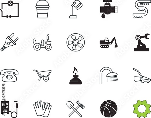 equipment vector icon set such as: three, exhaust, handle, manufacturing, basketball, arm, bathroom, land, cleanliness, nobody, cold, lawnmower, cooperation, meter, spray, spade, dial, mower
