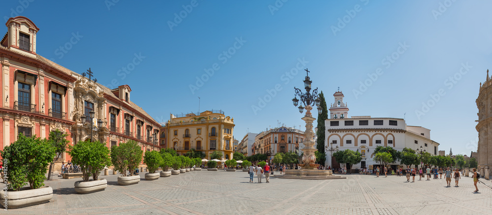 View of Virgin of the Kings Square and the Archbishop's Palace, Agustin Monastery of the Incarnation, lantern fountain. Panorama.