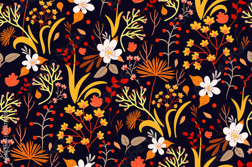 Colorful seamless floral pattern in warm (autumn) color palette. Forest plants collection - various flowers, berries, leaves. Template for postcards, fabrics, wrapping paper, creative design. Vector.