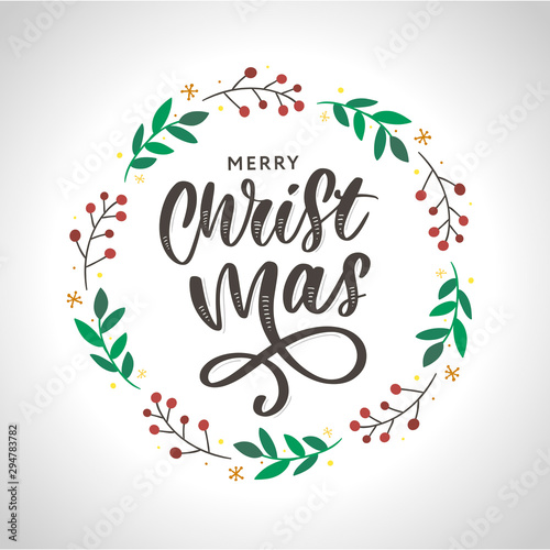 Christmas ornament wreath frame vector illustration set with red berries, green leaves, pine cone and cute Christmas ornaments.