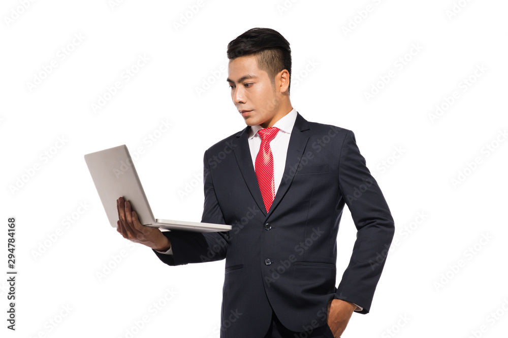 Asian business using laptop computer isolated on white background Asian business using laptop computer isolated on white background