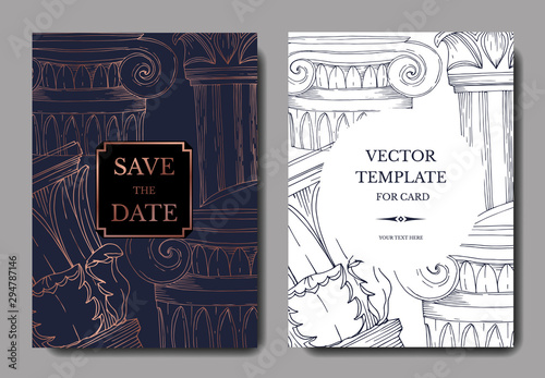 Vector Antique greek columns. Black and white engraved ink art. Wedding background card decorative border.