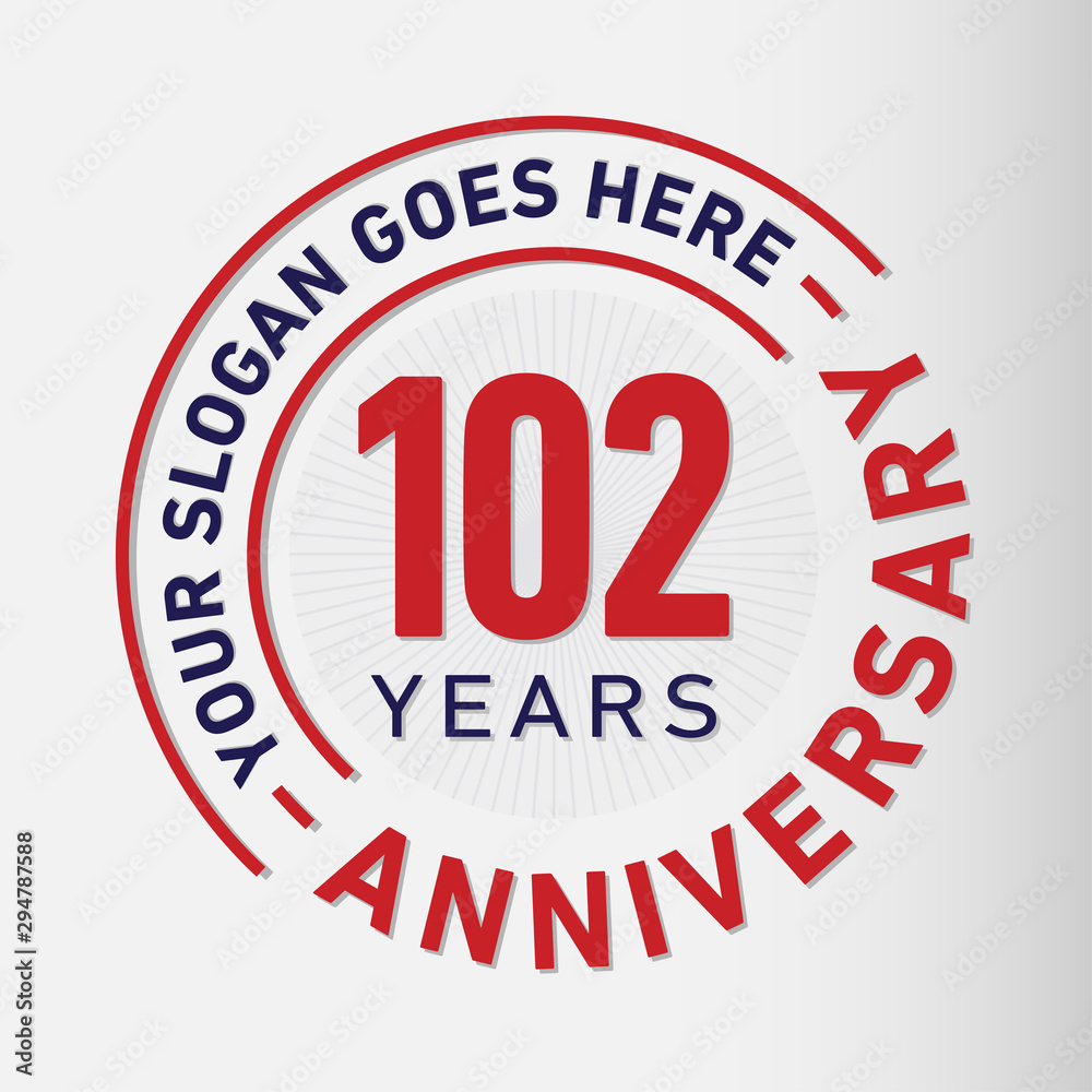 102 years anniversary logo template. One hundred and two years celebrating logotype. Vector and illustration.