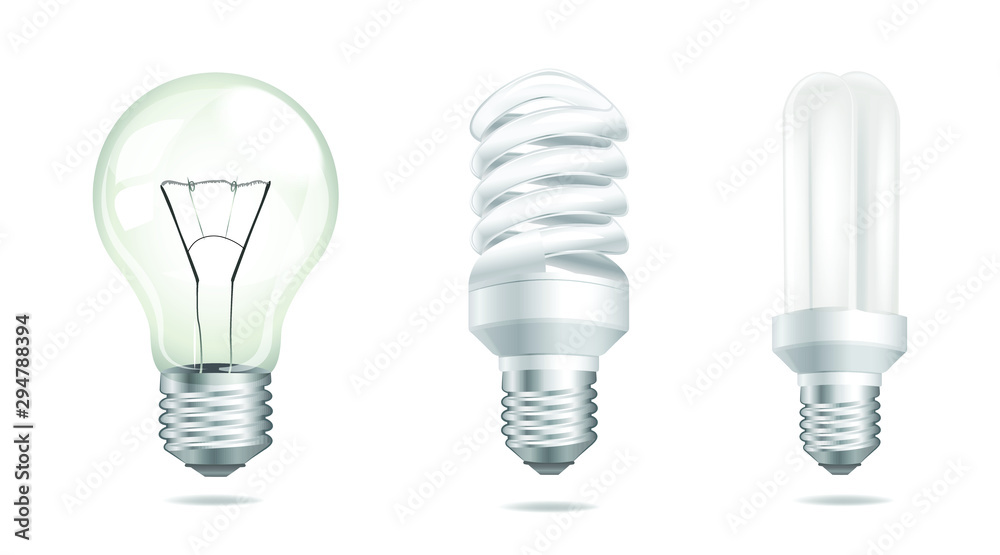 Collection lamp with 3 patterns, fluorescent and tungsten, LED, on a transparent white background, illustration - vector Collection lamp with 3 patterns, fluorescent and tungsten, LED, on a transparent white background, illustration - vector