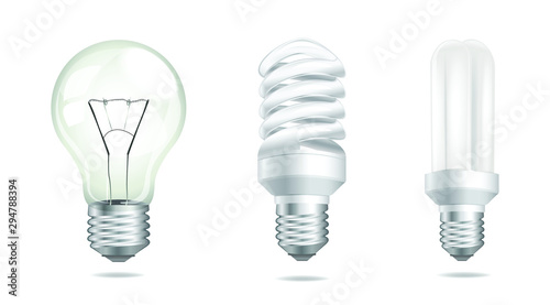 Collection lamp with 3 patterns, fluorescent and tungsten, LED, on a transparent white background, illustration - vector