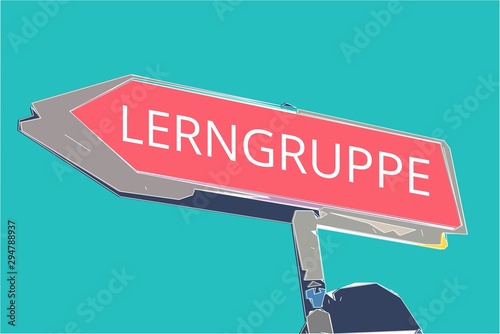 Lerngruppe. Wegweiser rotes Schild. Pfeil Richtung nach links. photo