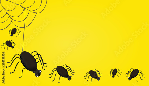 Halloween Karte mit 7 Spinnen von links auf gelbem Hintergrund