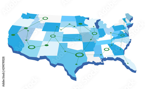 USA graphic network map. A map of the United States with lines and circles. Vector illustration