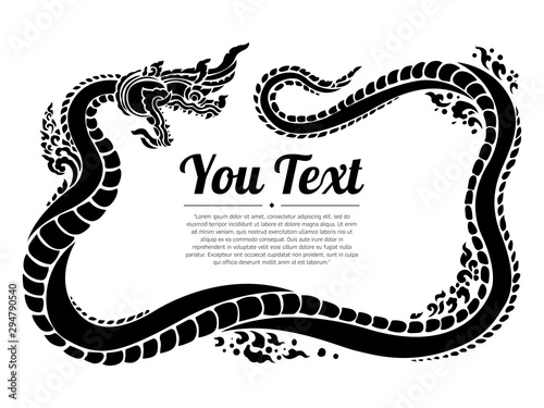 Thai Naga isolate vector. Hand drawn Thai Dragon on water, Line Thai is Thailand Style and Tattoo design. Naka illustration. Long and tail snake. photo