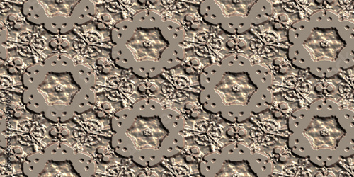 Ornamental embossed 3D metallic background. Seamless pattern. Rendering illustration. photo