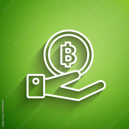 White line Hand holding Bitcoin icon isolated on green background. Blockchain technology, digital money market, cryptocoin wallet. Vector Illustration