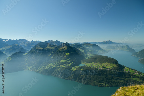 View on Swiss Alps and on Lake Lucerne from Fronalpstock peak above the village of Stoos photo