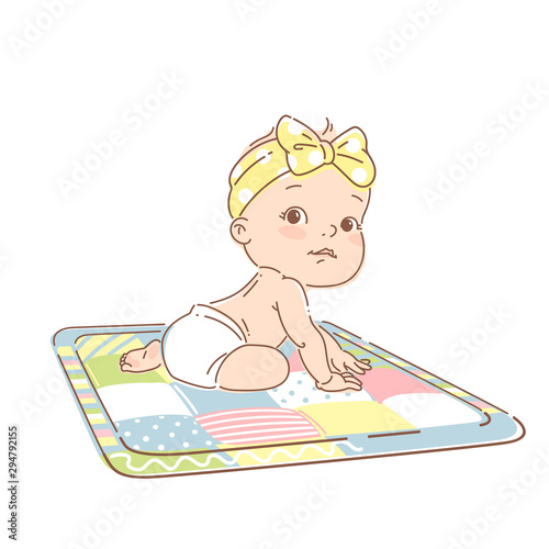 little girl in diaper sit on playing mat