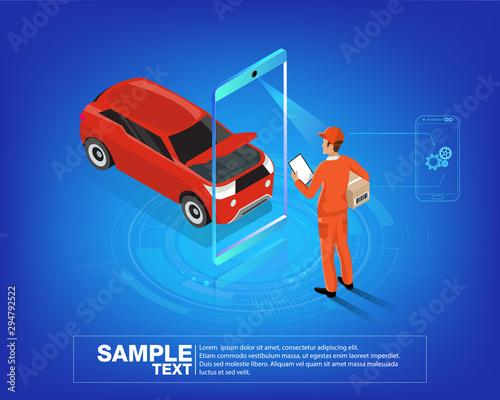 Auto services mobile app. Isometric car service vector illustration concept with auto, repair equipment, tires, technician on network.