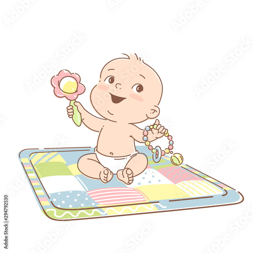 Baby sit on playing mat with toys.