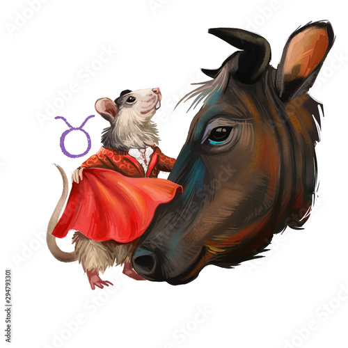 Taurus creative digital illustration of astrological sign. Rat or mouse symboll of 2020 year signs in zodiac. Horoscope earth element. Logo sign with bull horns. Graphic design clip art for web print. photo