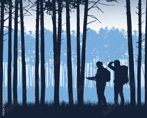 Realistic illustration of landscape with coniferous forest with pine trees under blue sky. Two tourists, man and woman with backpacks looking for a way on the map, vector
