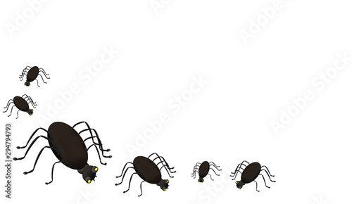 Halloween Karte mit 6 Spinnen mit gelb leuchtenden Augen auf weißem Hintergrund