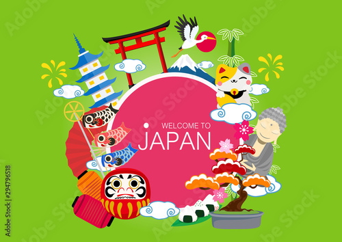 Attractions in Japan   Overview of the major tourist attractions of Japan. With Mt. Takao Fuji and Cute cartoon.Travel Japan vector illustration.