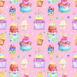Illustration seamless pattern drawn by watercolor confectionery: cakes, muffins, macaroons on the background.
