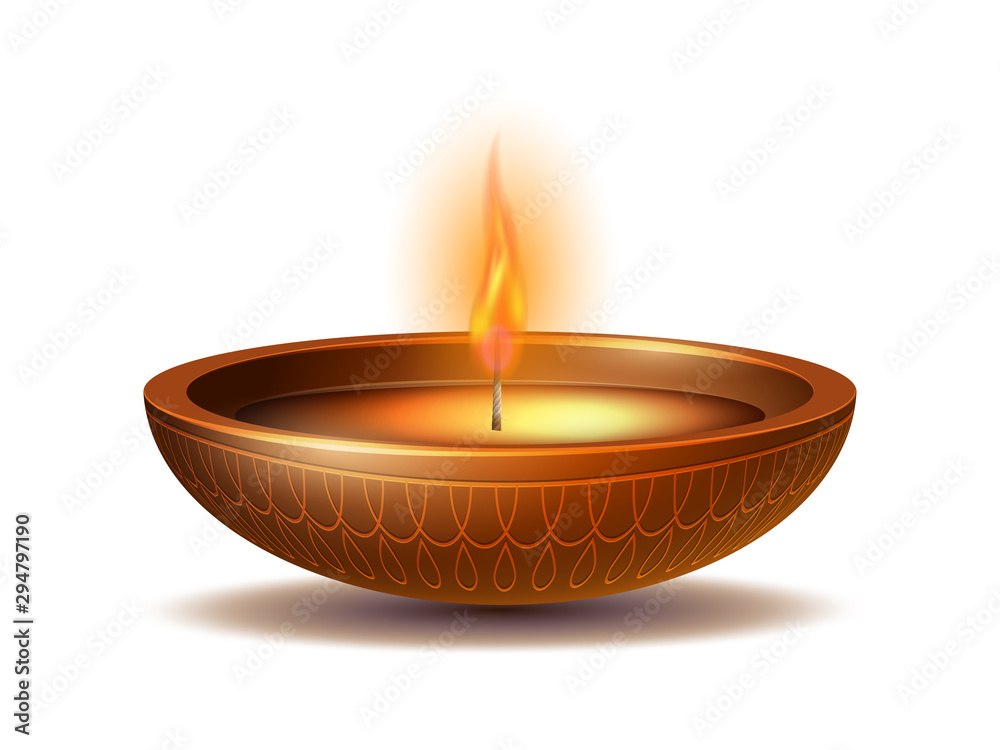 Burning diya on Happy Diwali Holiday isolated on white Burning diya on Happy Diwali Holiday isolated on white
