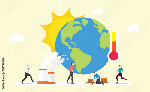 global warming earth concept with sun and thermometer with team people with modern flat style - vector