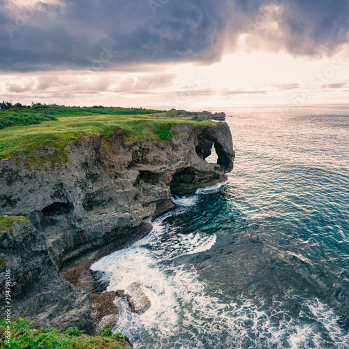 Okinawa Cape Manzamo Rock cliff landscape sunset Cape stone. Okinawa Island Japan