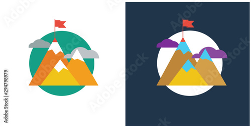 Trendy designed concepts illustration for mission company or explore and startup business.  Flat color line conquest of the mountains, the flag on top. Used for web project and applications.
