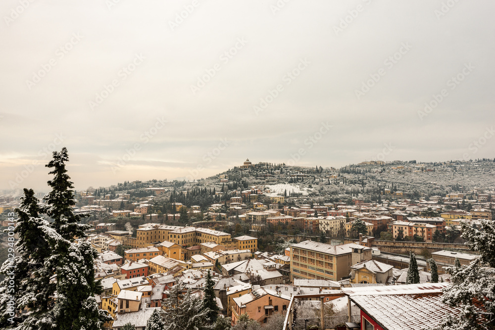 Hill of Verona city (UNESCO world heritage site) in winter with snow, Veneto, Italy, Europe