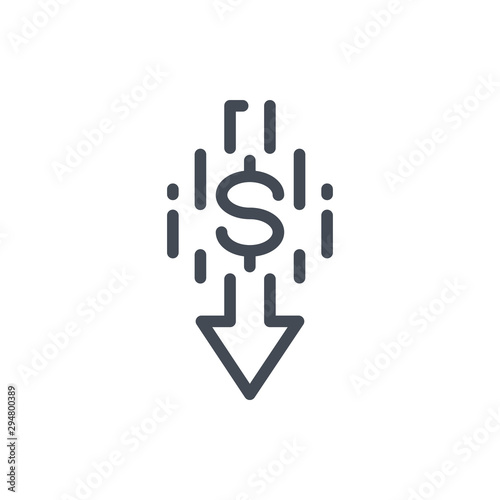 Dollar price reduction line icon. Down arrow with dollar vector outline sign.