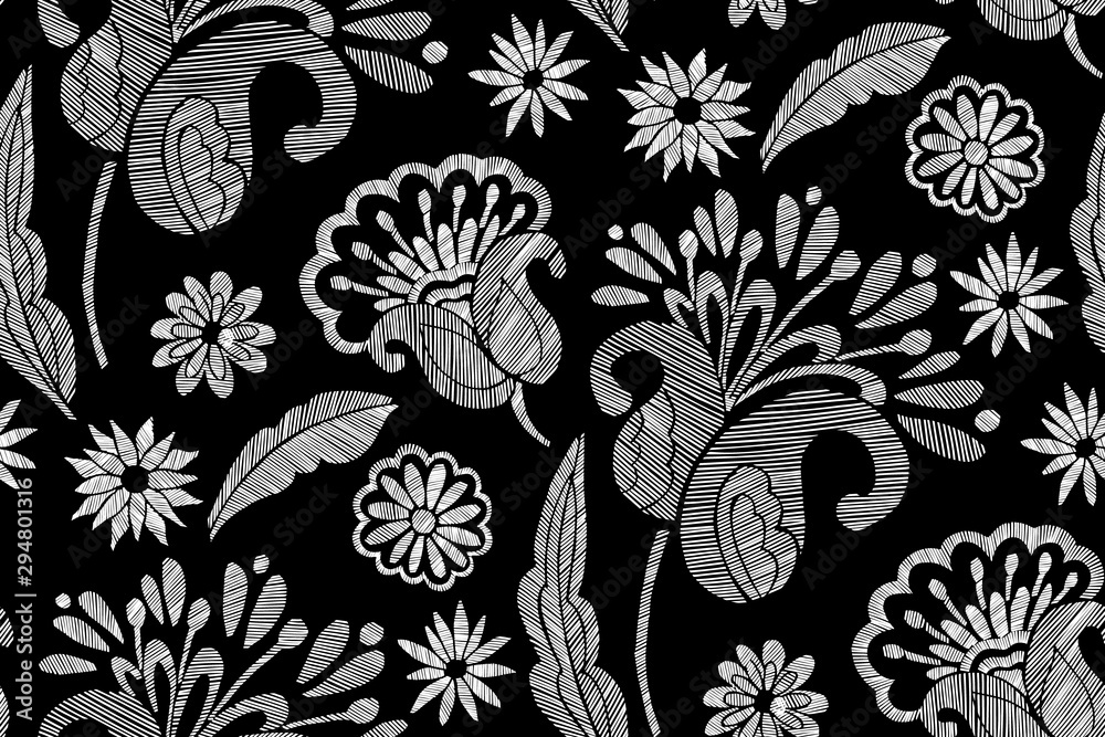 Fototapeta Floral seamless background pattern with mix wild flowers and leaves Line art. Embroidery flowers. Vector illustration. Textile design, wallpaper, card design.