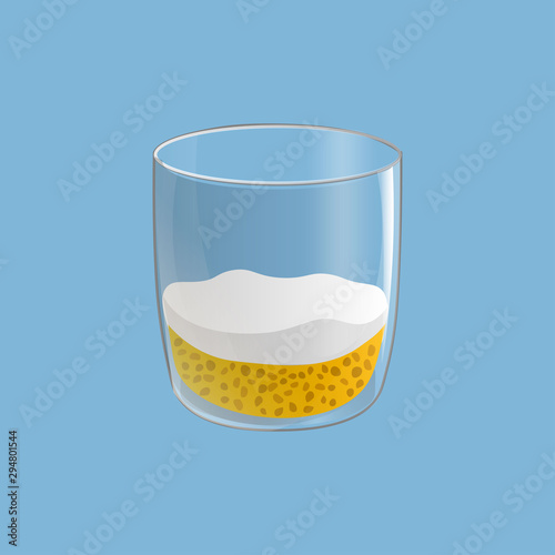 Chia seed pudding. Healthy vegan snack in glass. Vector illstration isolated on blue background.