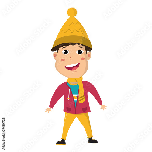 Funny warmly dressed baby in cartoon style. Isolated on white background. Children in winter.