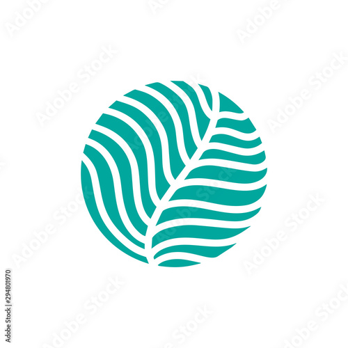 Round bio emblem in a circle linear style. Tropical plant green leaf logo. Vector abstract badge for design of natural products, flower shop, cosmetics, ecology concepts, health, spa, yoga Center