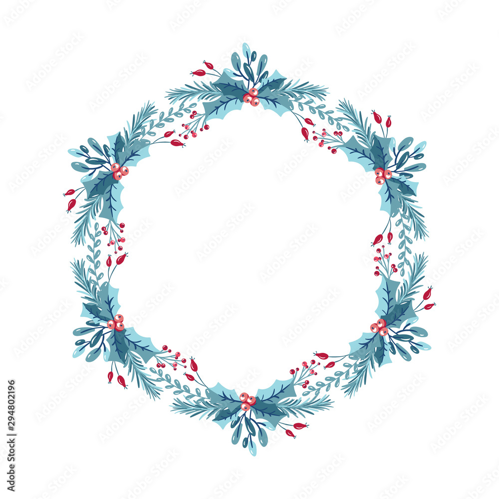 Christmas wreath with berries, pine cone and branches. Vector template for greeting card. Winter frame isolated on white background with place for text Christmas wreath with berries, pine cone and branches. Vector template for greeting card. Winter frame isolated on white background with place for text