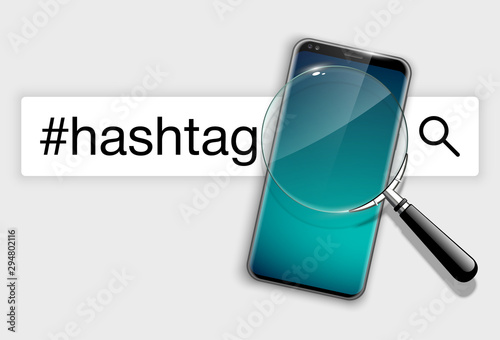 illustration web search by hashtag on mobile phone isolated on white background. Banner with smartphone search engine browser by hashtag