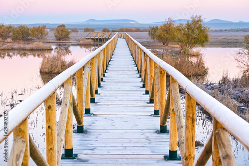 Wooden walkway in the lagoon of Fuente de Piedra, Malaga. Spain