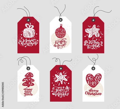 Collection Merry Christmas vector gift tags with handwritten calligraphy lettering text and bundle decorative xmas elements