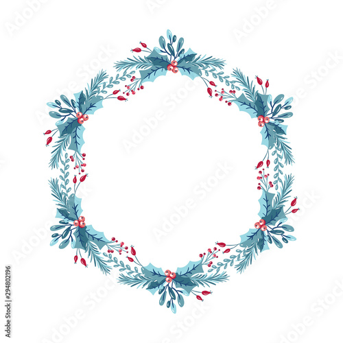 Christmas wreath with berries, pine cone and branches. Vector template for greeting card. Winter frame isolated on white background with place for text