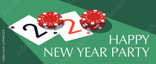 Canvas Print Happy New Year party 2020 casino poker chips and playing cards isometric banner