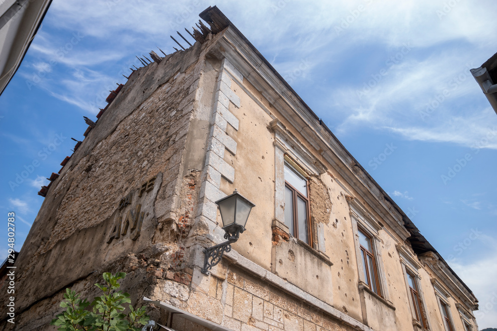 Mostar, Bosnia and Herzegovina-Destroyed buildings in the center of Mostar as a result of fighting during the civil war Mostar, Bosnia and Herzegovina-Destroyed buildings in the center of Mostar as a result of fighting during the civil war