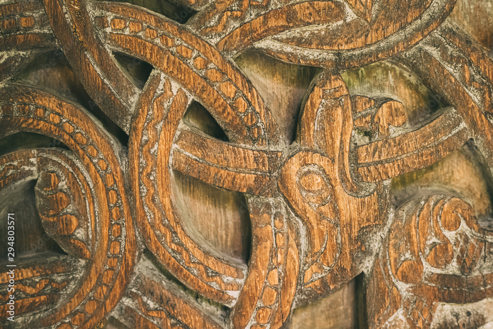 Borgund, Norway. Carved Details Of Famous Wooden Norwegian Landmark Stavkirke. Ancient Old Wooden Triple Nave Stave Church. Close View, Details