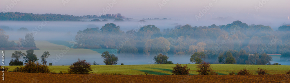 Autumn landscape. Fields, meadows and forest shrouded in morning mist.